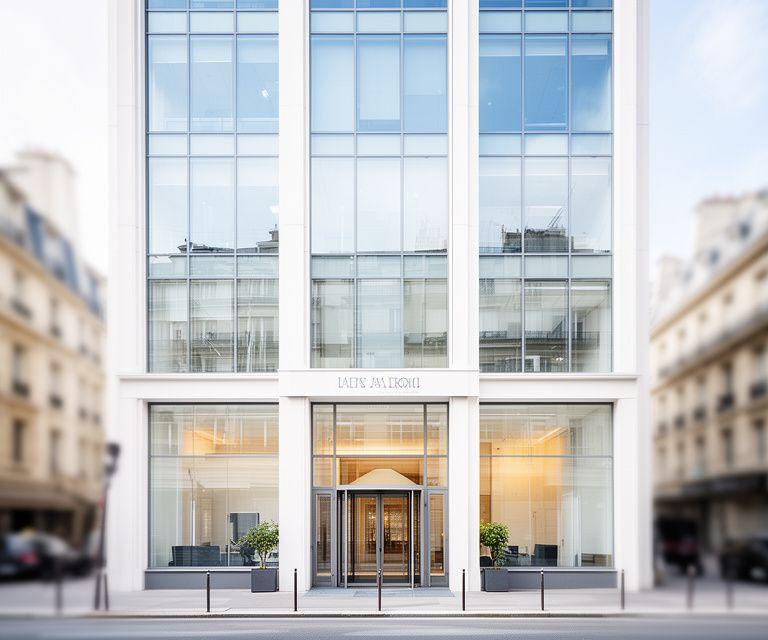 Façade lumineuse d'un cabinet d'avocats à Paris avec bureaux vitrés et ambiance professionnelle